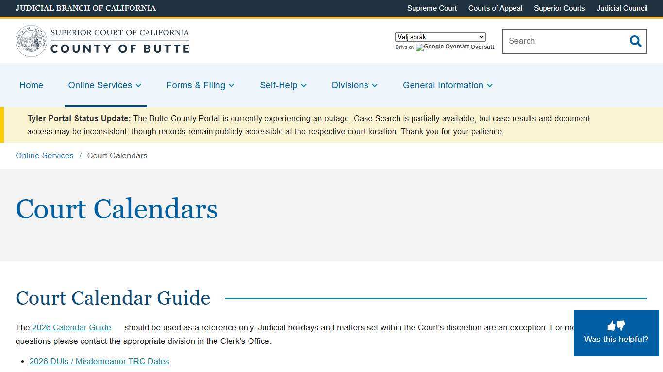 Court Calendars Superior Court of California County of Butte