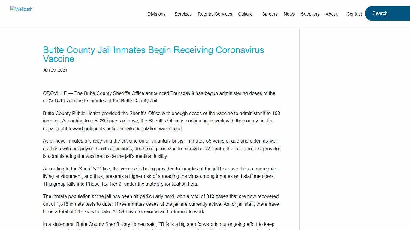 Butte County Jail Inmates Begin Receiving Coronavirus Vaccine - Wellpath