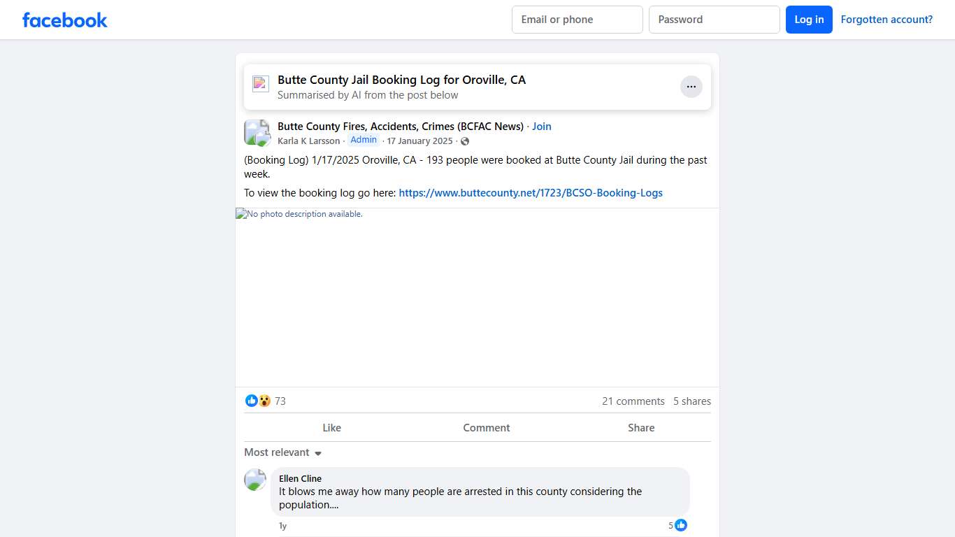 Butte County Fires, Accidents, Crimes (BCFAC News) (Booking Log) 1/17/2025 Oroville, CA - 193 people were booked at Butte County Jail during the past week Facebook